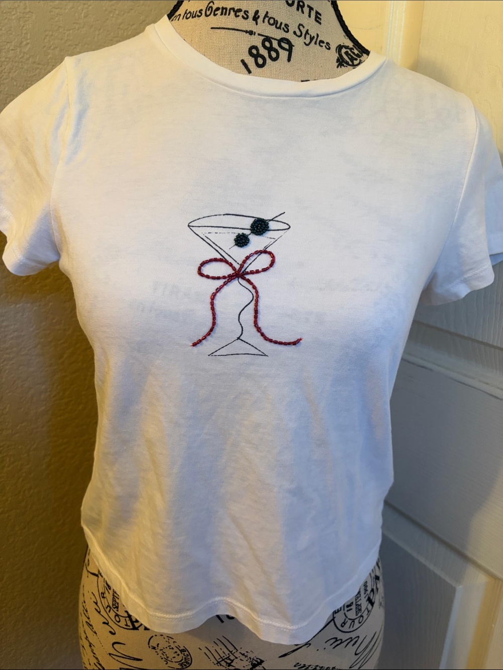 Cynthia Rowley White Tee with Embroidered Martini and Red Bow